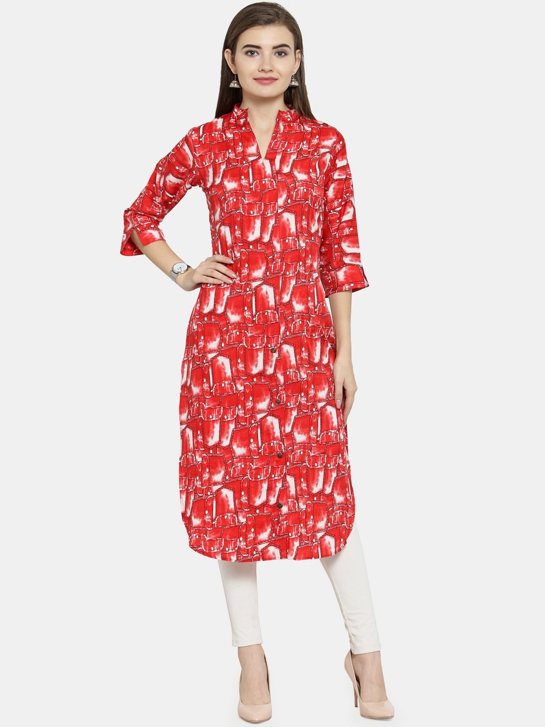 

Enchanted Drapes Women Red & White Printed Crepe Pathani Kurta