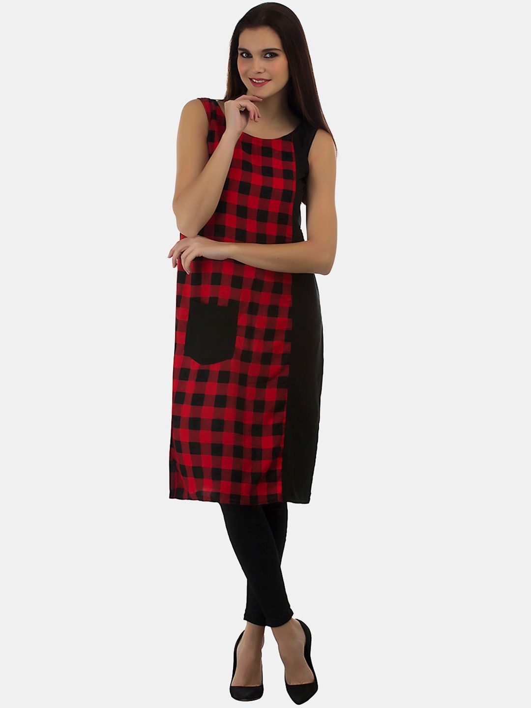 

Enchanted Drapes Women Red & Black Geometric Checked Crepe Kurta