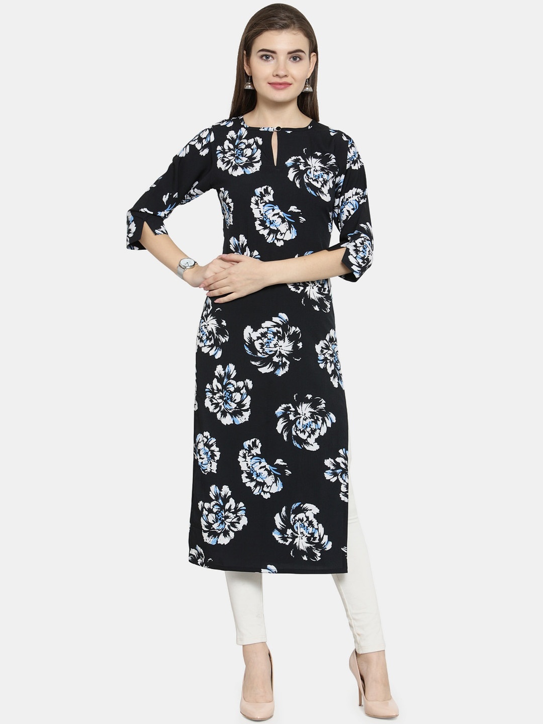 

Enchanted Drapes Women Black Floral Keyhole Neck Straight Crepe Kurta