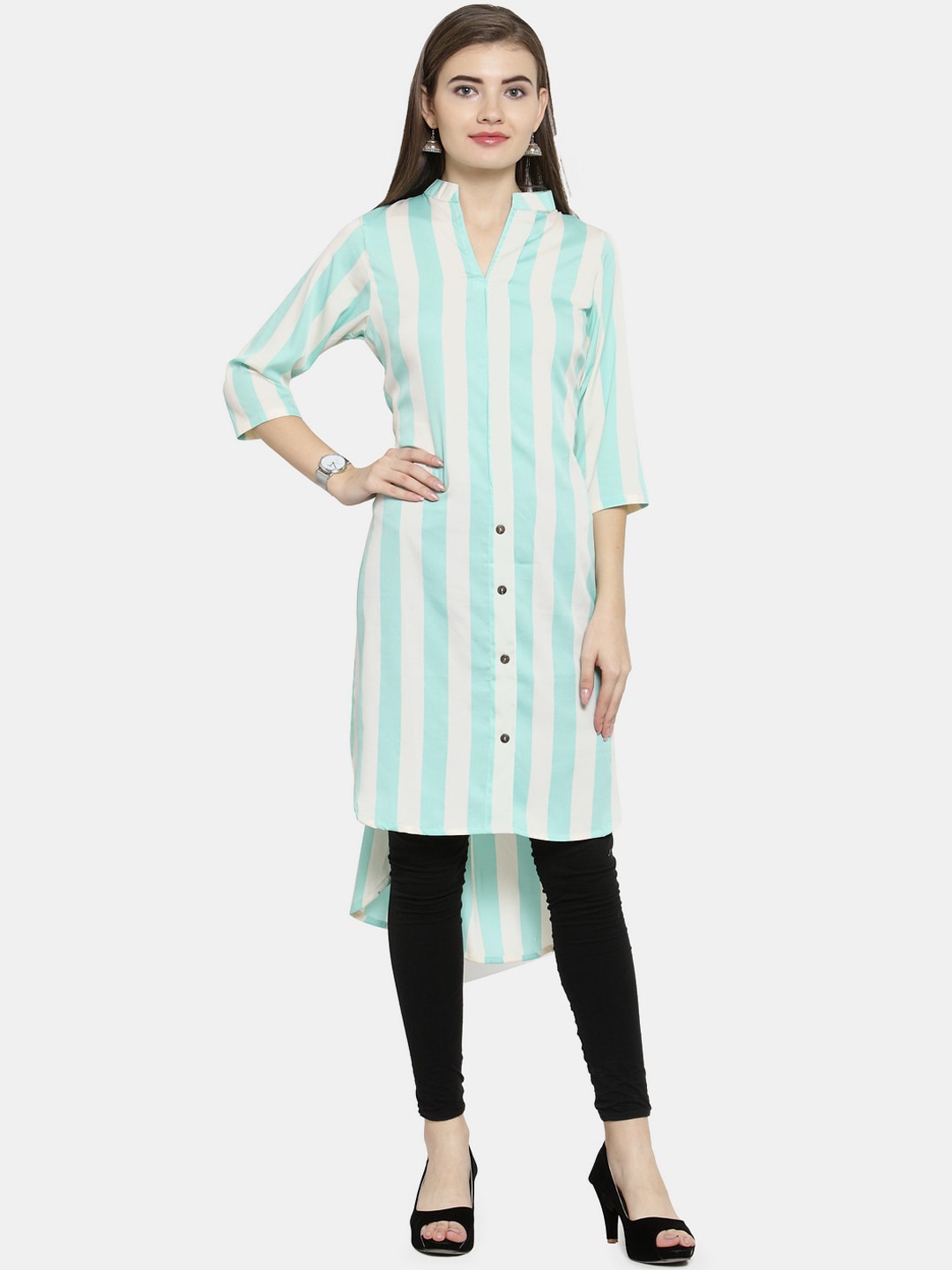 

Enchanted Drapes Women Turquoise Blue & Cream-Coloured Striped Crepe Kurta