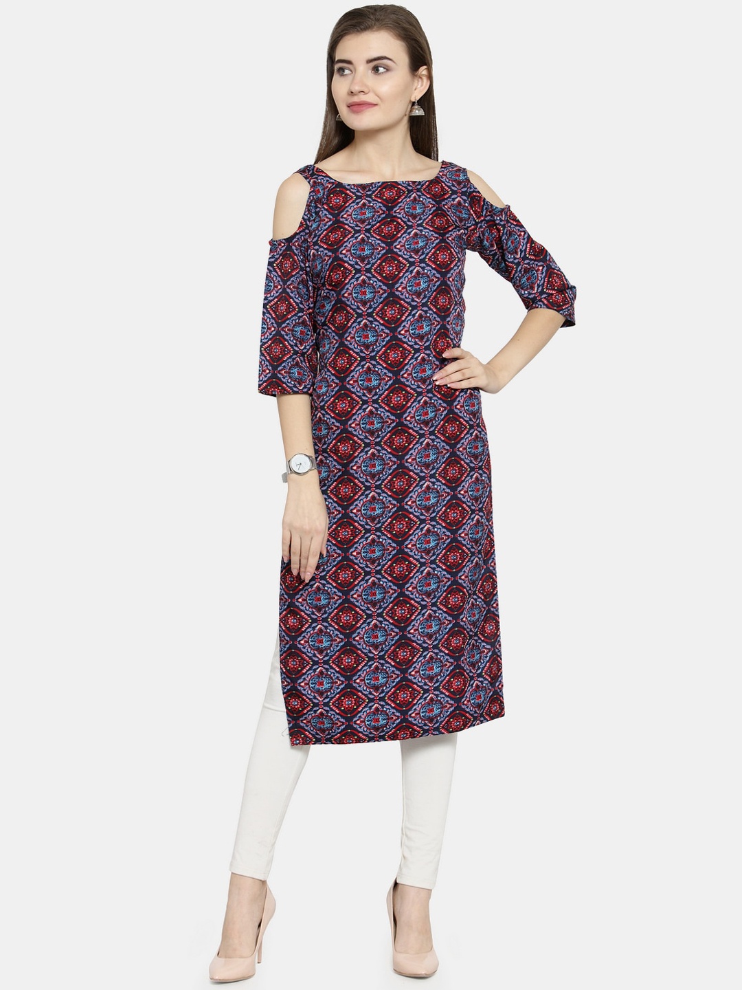 

Enchanted Drapes Women Blue & Red Ethnic Motifs Printed Cold-Shoulder Sleeves Crepe Kurta