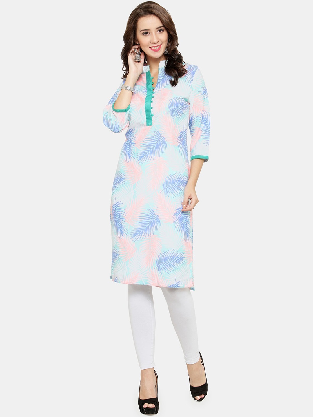 

Enchanted Drapes Women Sea Green & White Floral Printed Crepe Kurta