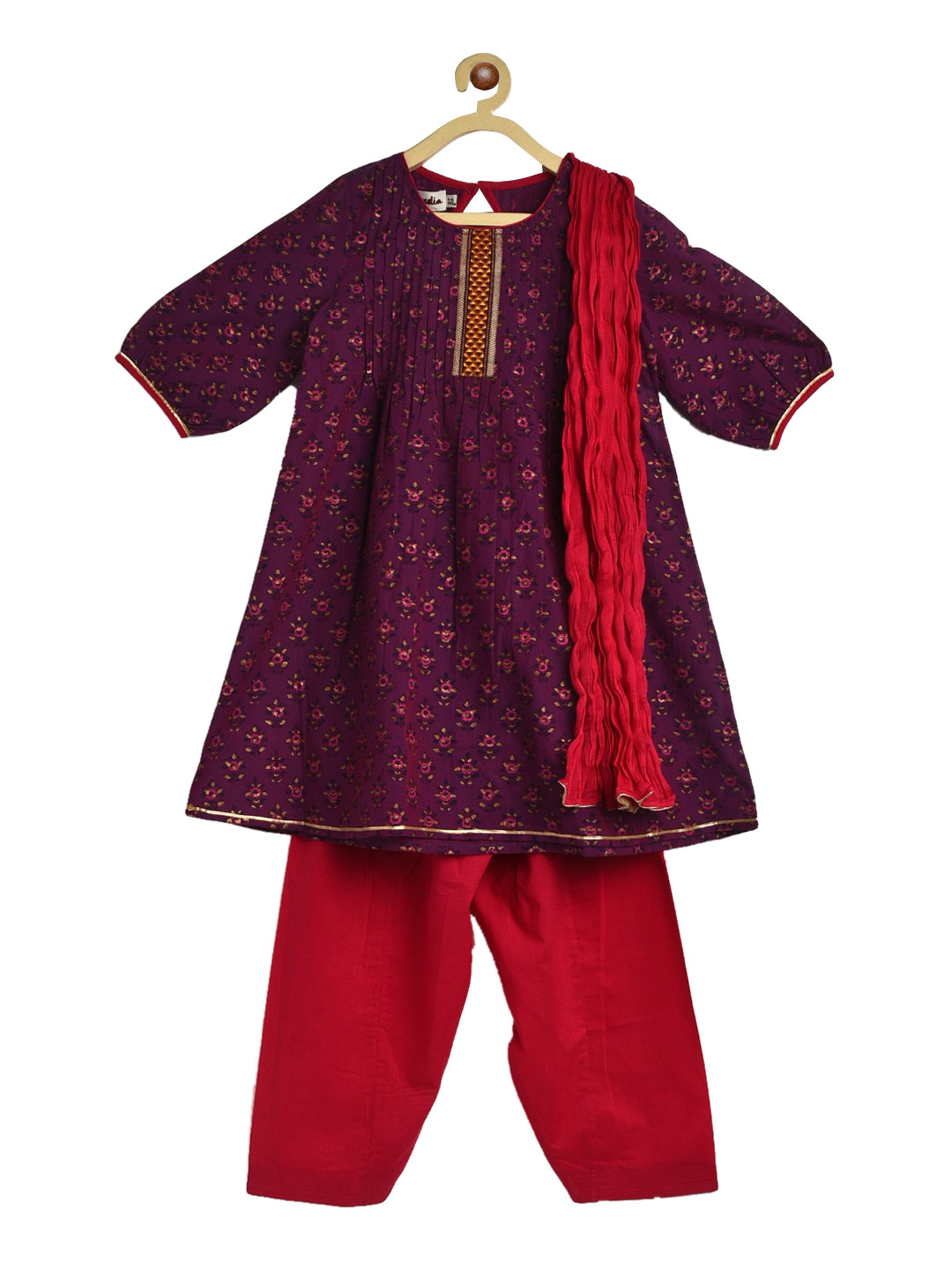 

Fabindia Girls Purple 3 Piece Printed Cotton Salwar Suit Set