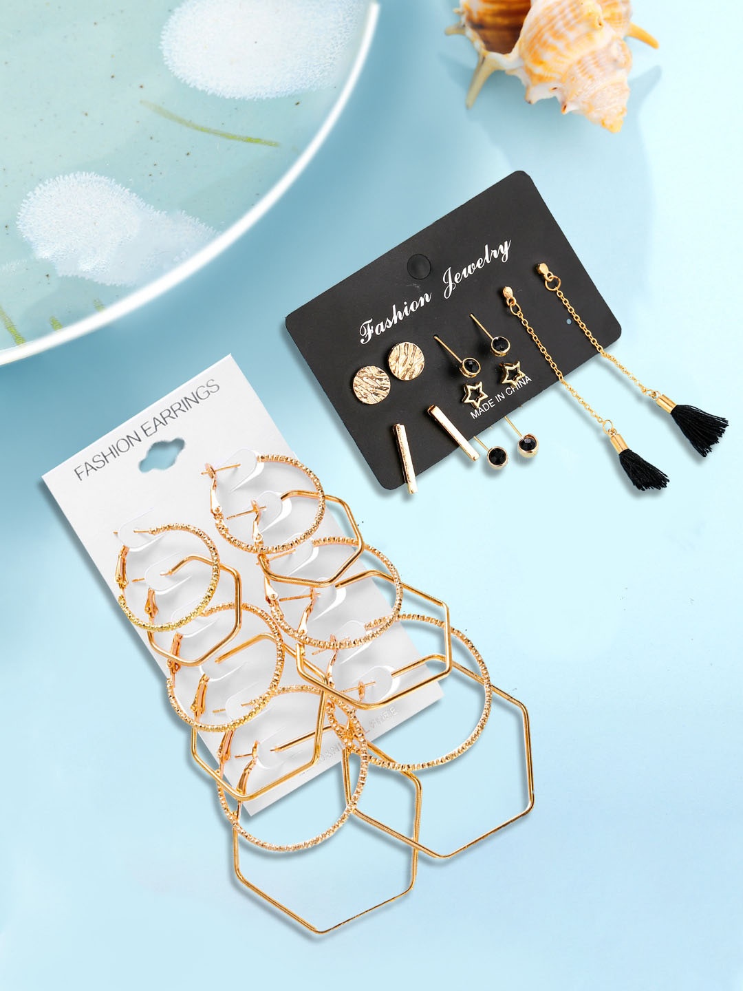 

Yellow Chimes Set Of 11 Gold-Plated Contemporary Drop & Hoop Earrings