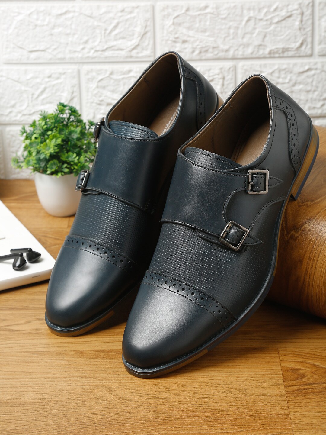 

MONKS & KNIGHTS Men Blue Leather Formal Monk Shoes