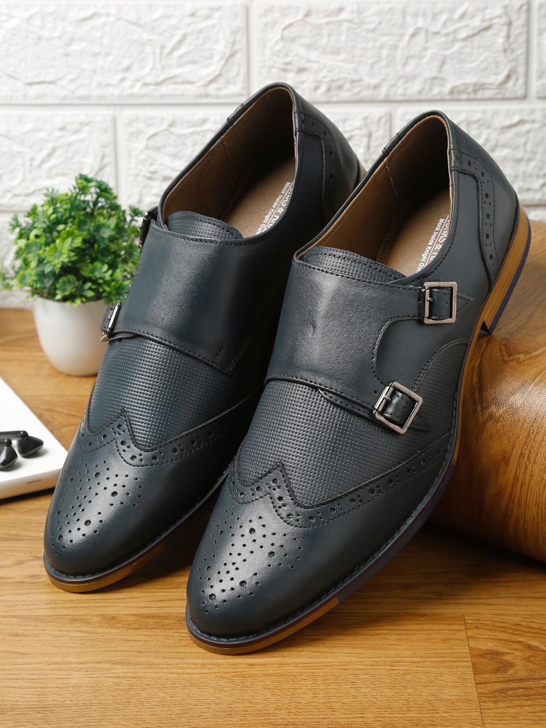 

MONKS & KNIGHTS Men Blue Italian Genuine Leather Formal Monk Shoes