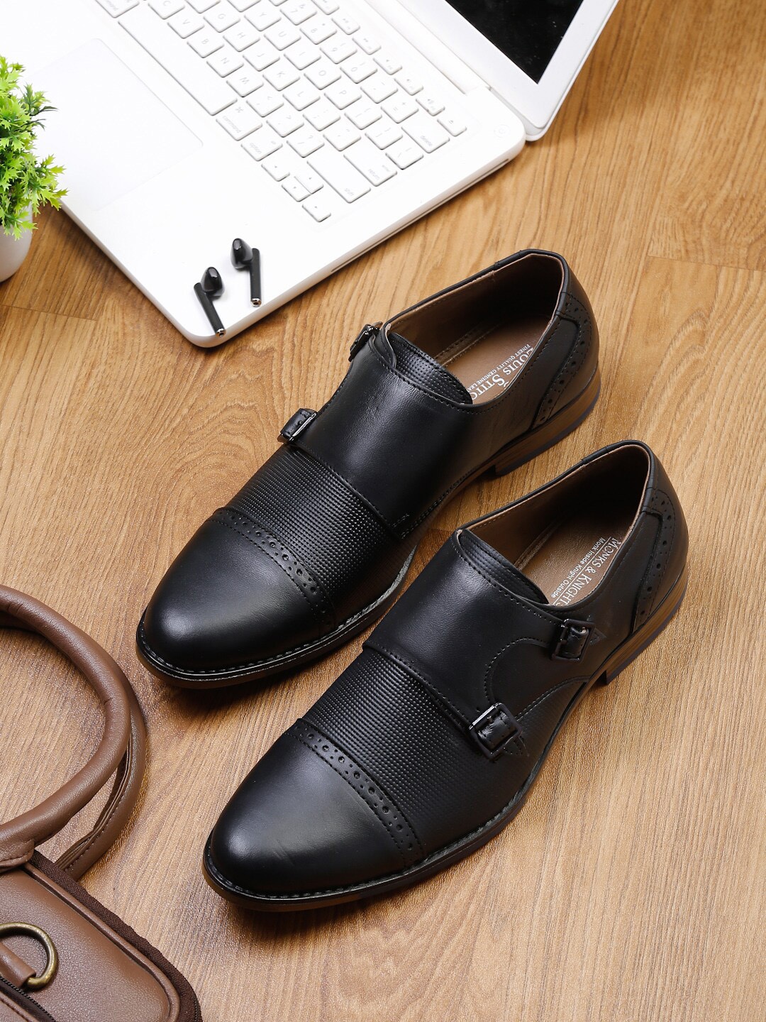 

MONKS & KNIGHTS Men Black Solid Genuine Leather Formal Monk Shoes