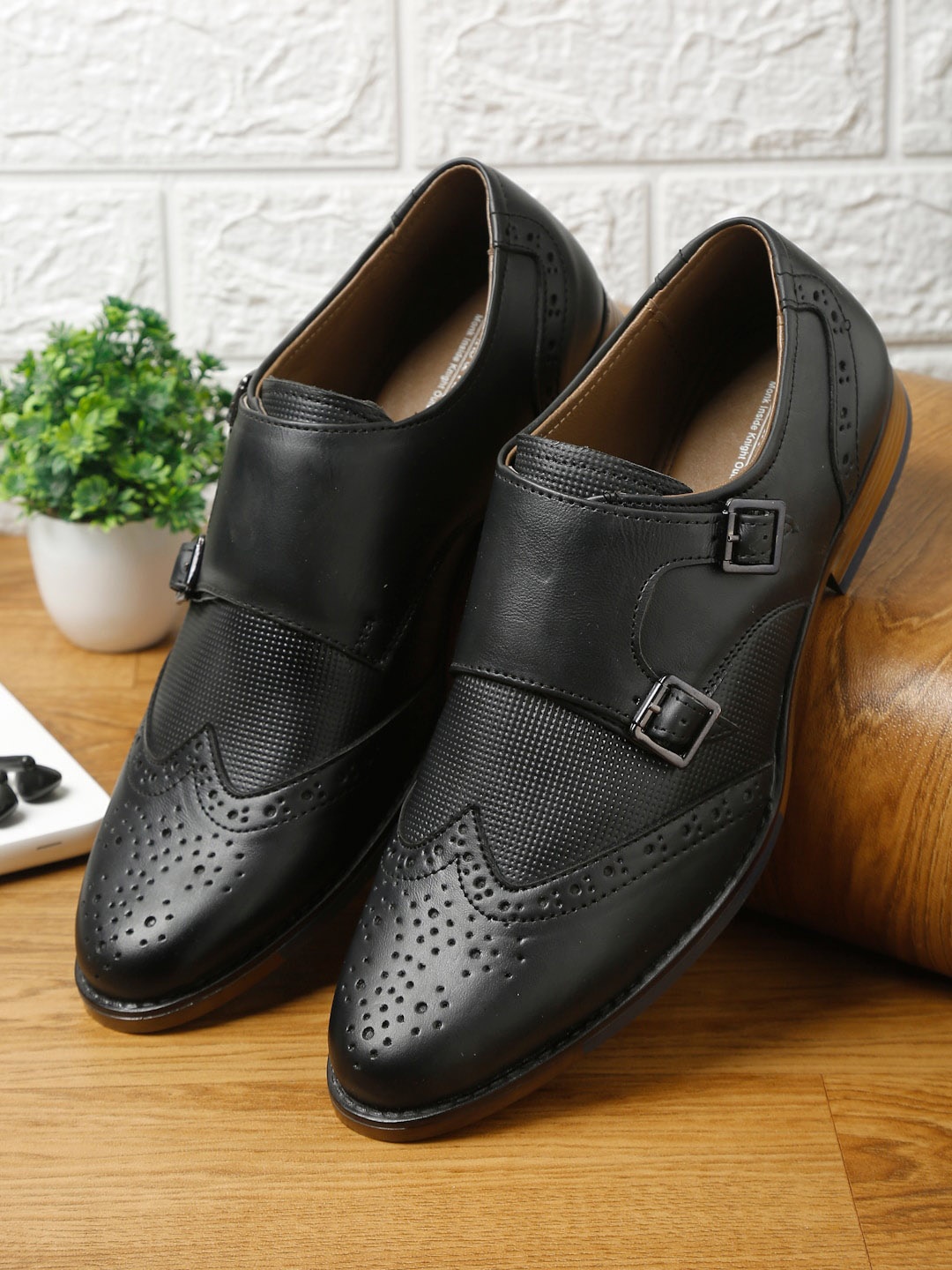 

MONKS & KNIGHTS Men Black Leather Monk Shoes