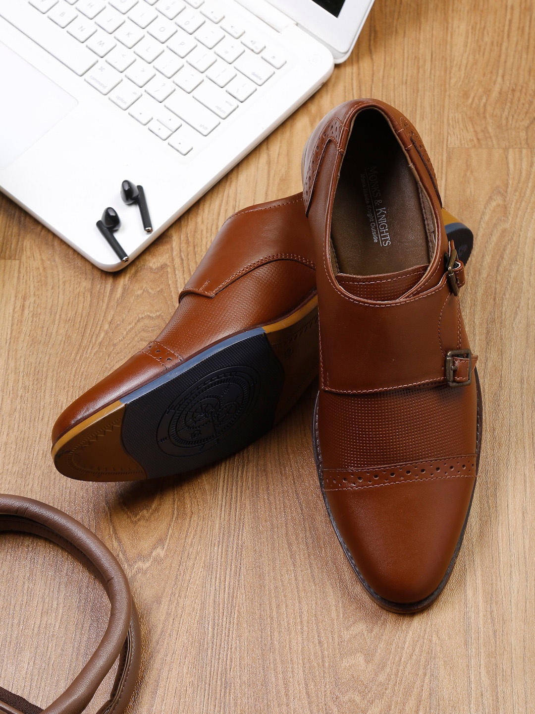 

MONKS & KNIGHTS Men Tan Formal Leather Monk Shoes