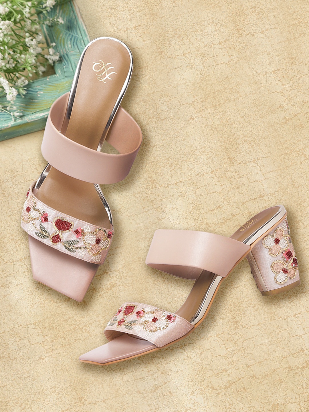 

House of Pataudi Nude Pink & Beige Embroidered Ethnic Block Heels