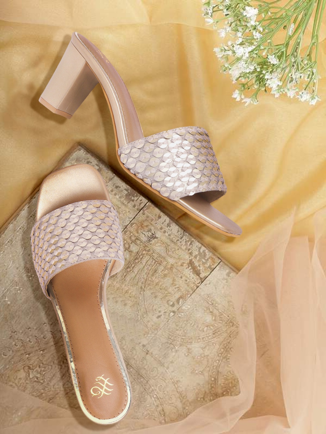 

House of Pataudi Gold-Toned Sequinned Block Heels