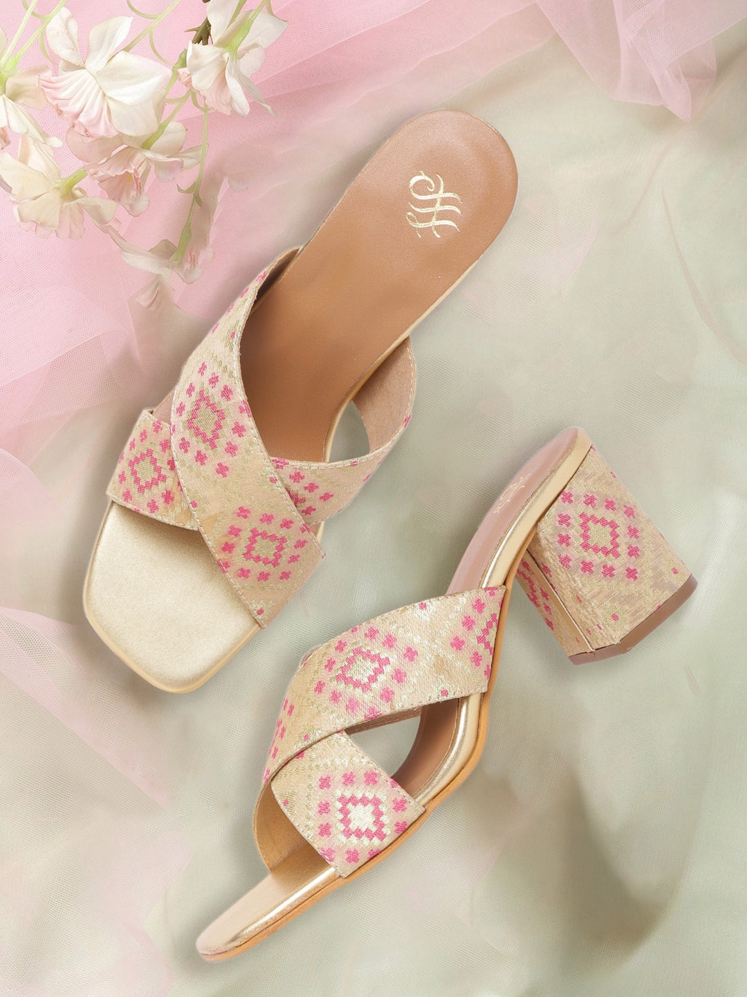 

House of Pataudi Beige & Gold-Toned Woven Design Block Heels