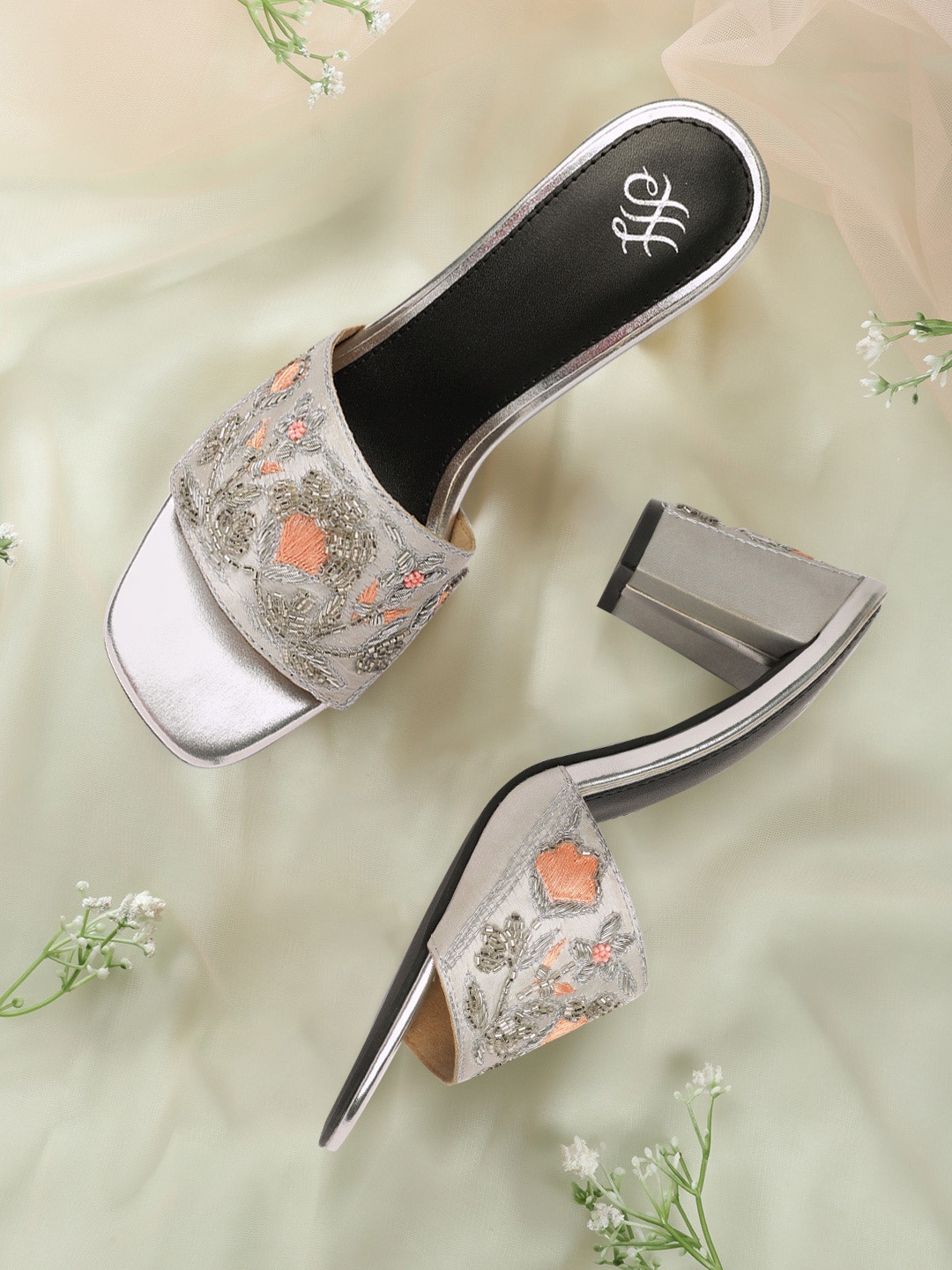 

House of Pataudi Silver-Toned Embellished Block Sandals