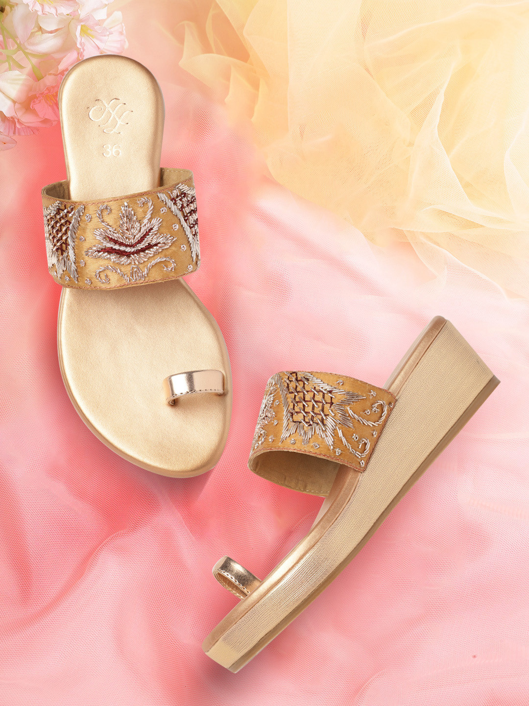 

House of Pataudi Rose Gold Embellished Flatform Sandals