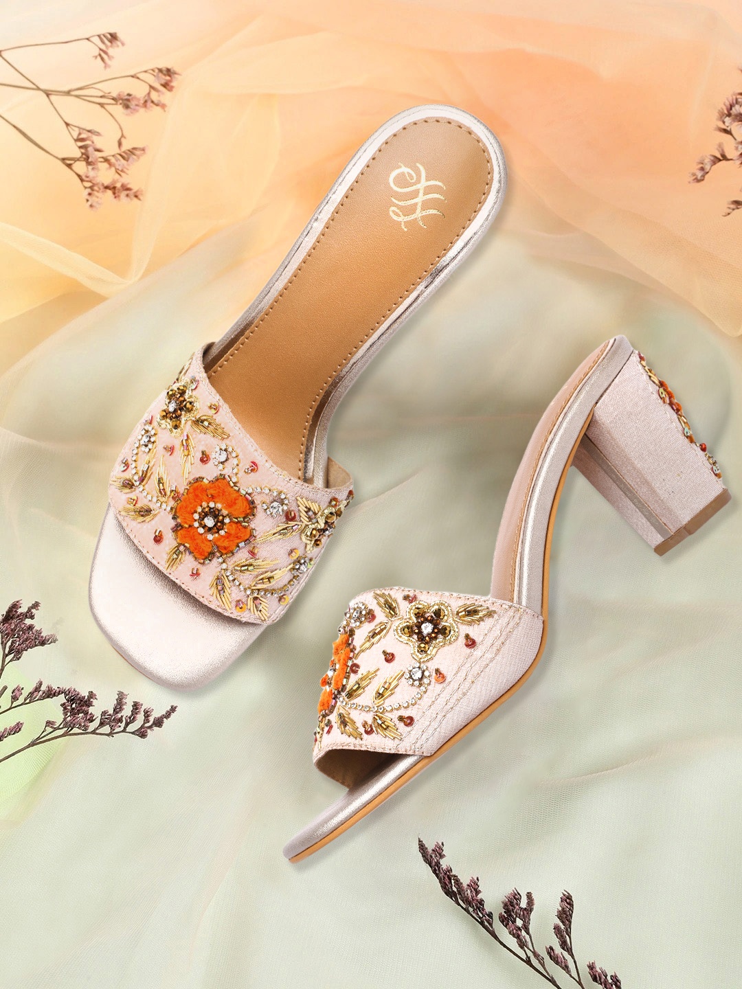 

House of Pataudi Gold-Toned & Orange Embellished Ethnic Block Sandals