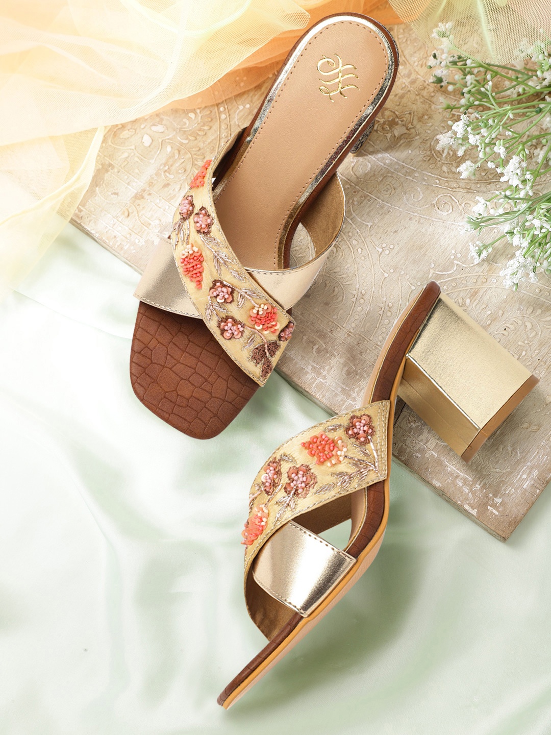 

House of Pataudi Women Gold-Toned Embellished Open Toe Heels