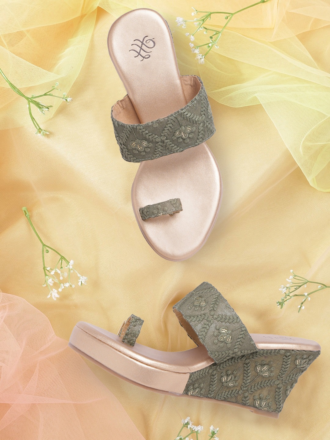 

House of Pataudi Olive Green Embroidered Wedges