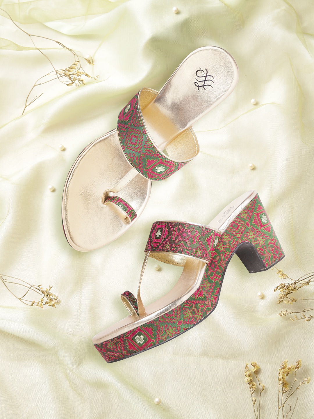 

House of Pataudi Women Green & Pink Woven Design Handcrafted Platform Heels