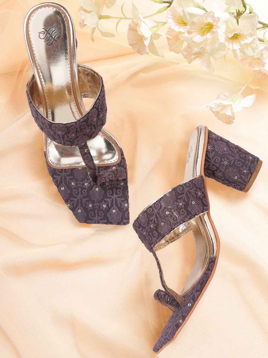 

House of Pataudi Women Purple Embroidered Handcrafted Block Heels