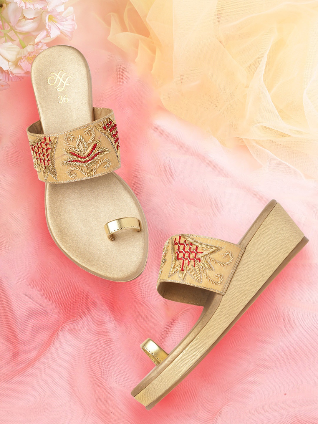 

House of Pataudi Gold-Toned Embellished Flatform Sandals