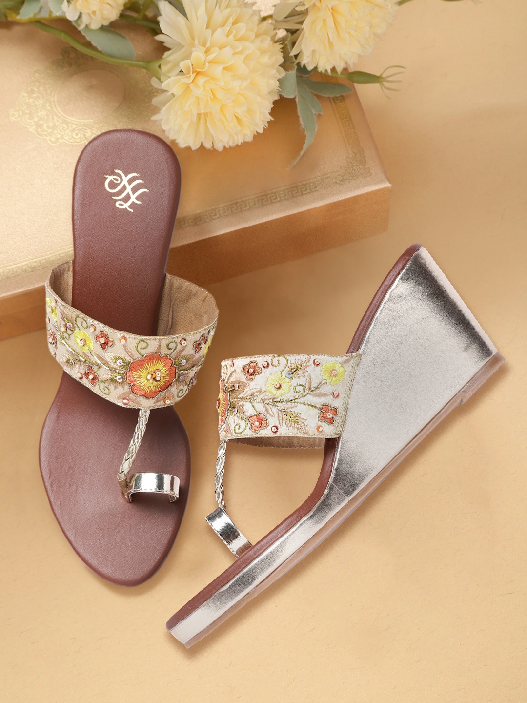 

House of Pataudi Beige & Orange Ethnic Embroidered Wedges