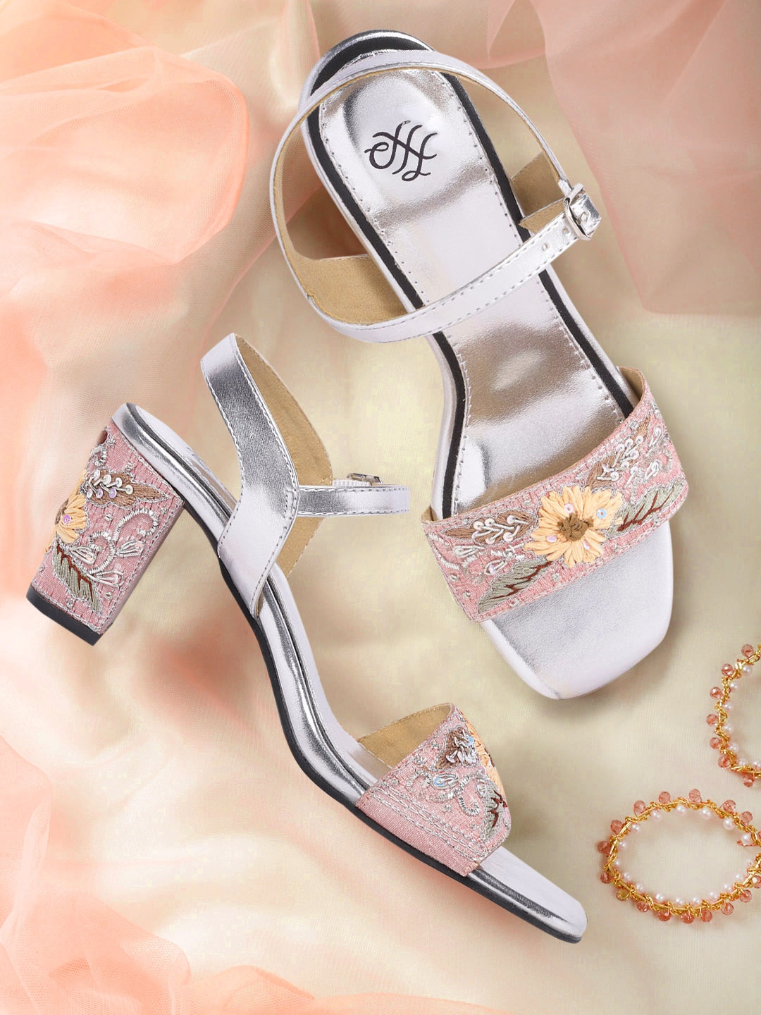 

House of Pataudi Pink & Silver-Toned Embroidered Ethnic Block Heels