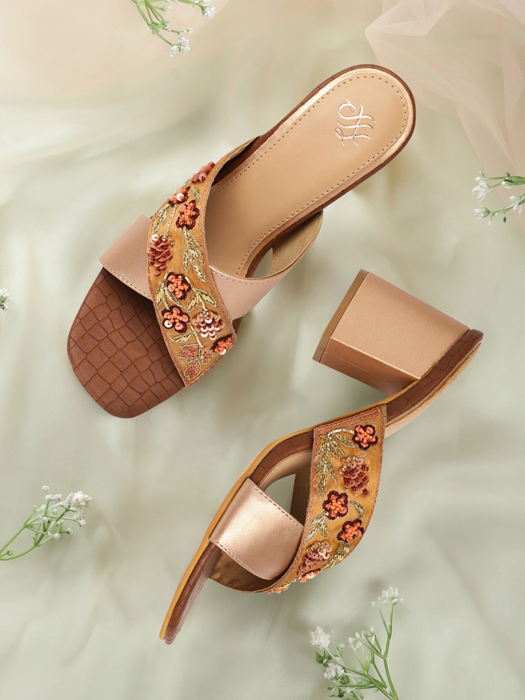 

House of Pataudi Women Gold-Toned Embellished Open Toe Heels