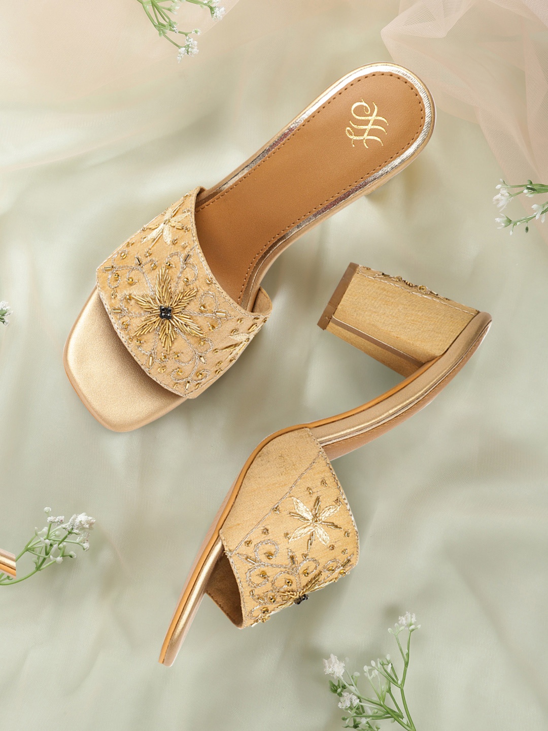 

House of Pataudi Women Gold-Toned Embellished Open Toe Block Sandals