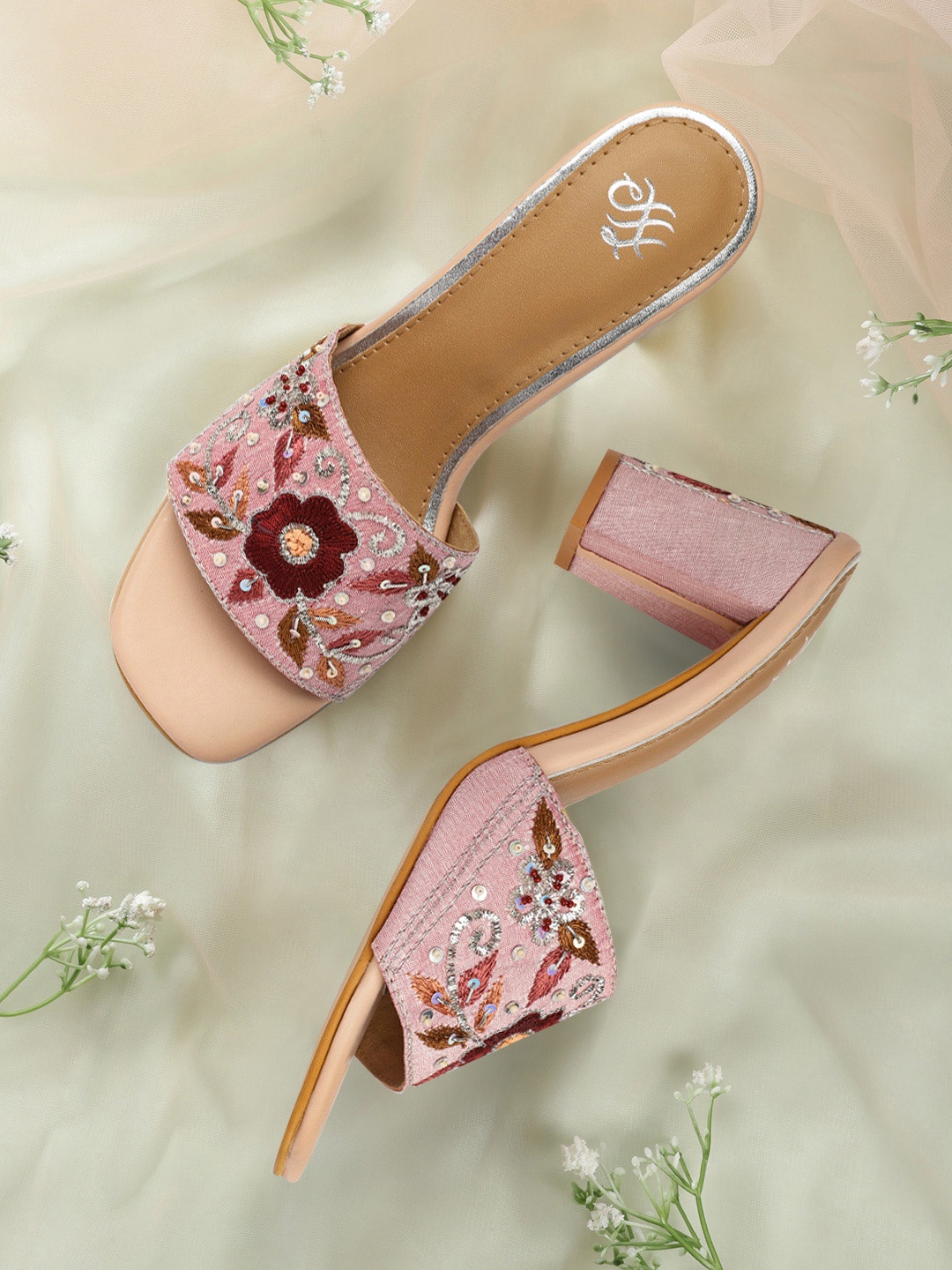 

House of Pataudi Women Pink Embellished Open Toe Heels