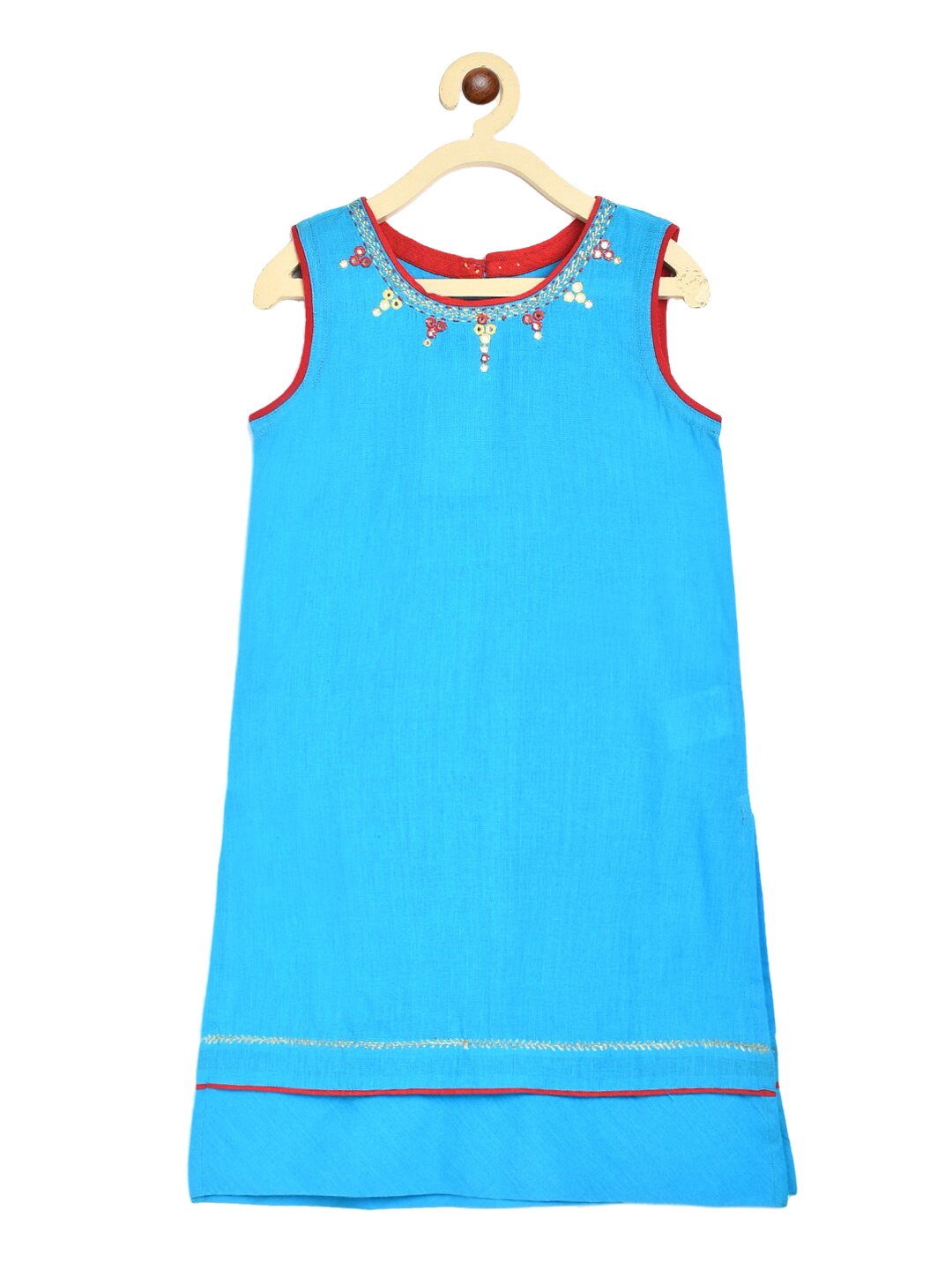 

Fabindia Girls Turquoise Blue & Red Mirror Work Pure Cotton Kurta