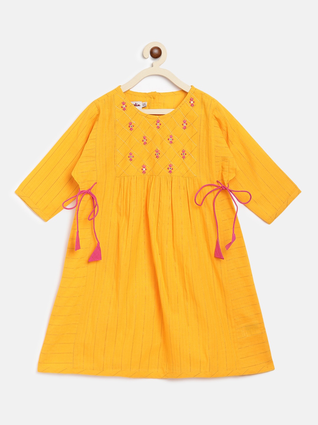 

Fabindia Girls Yellow Striped & Embroidered A-Line Kurta