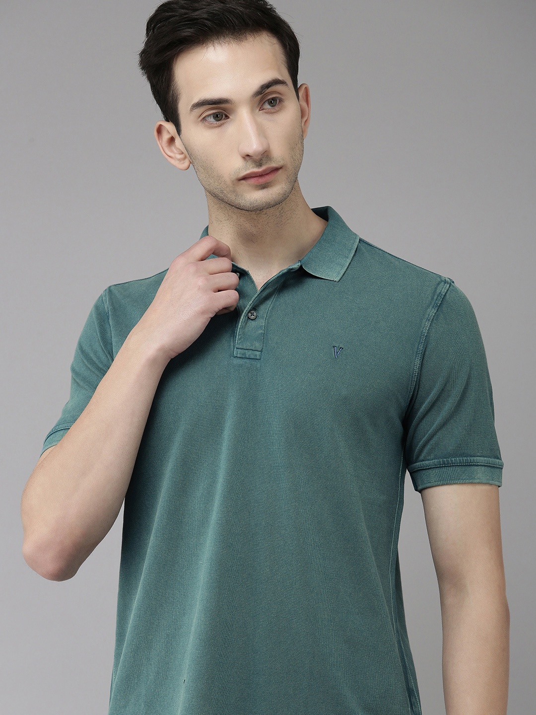 

VAN HEUSEN DENIM LABS Men Teal Polo Collar Pure Cotton T-shirt