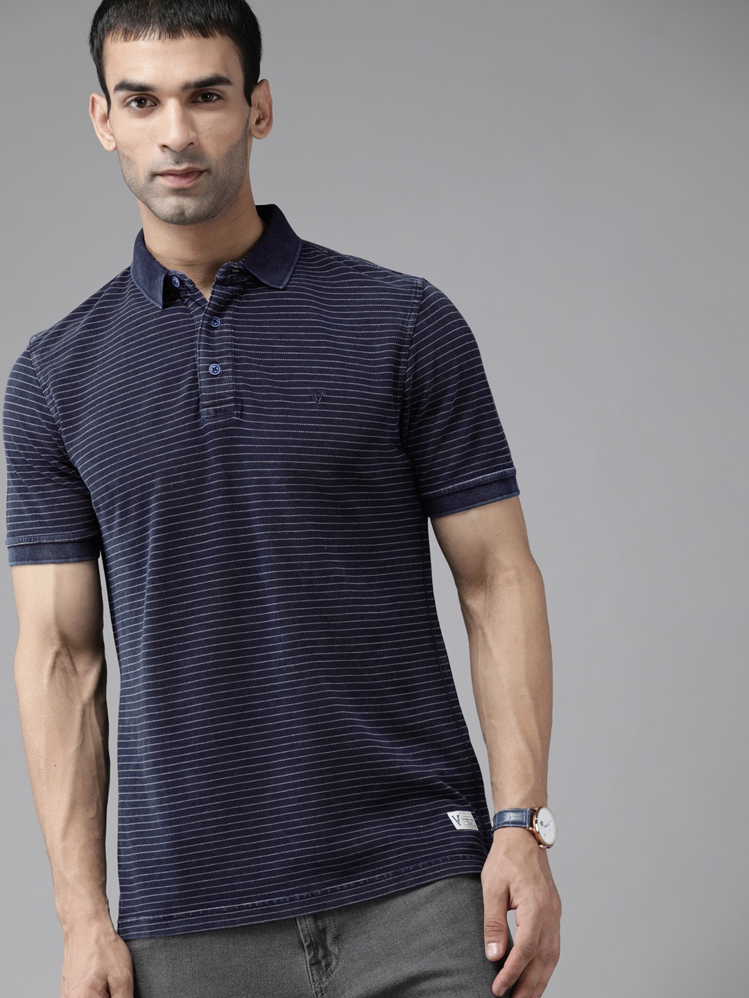 

VAN HEUSEN DENIM LABS Men Navy Blue & Grey Striped Polo Collar Pure Cotton T-shirt
