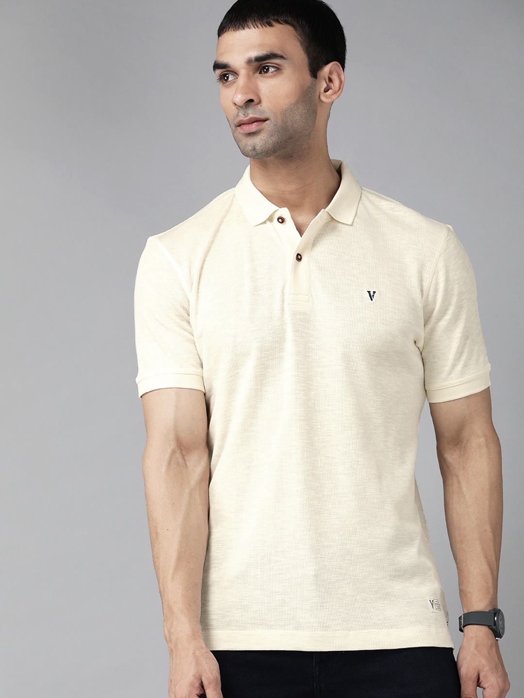 

VAN HEUSEN DENIM LABS Men Cream-Coloured Solid Polo Collar Pure Cotton T-shirt