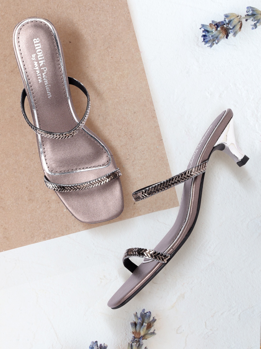 

Anouk Women Gunmetal-Toned Stone Embellished Party Heels, Metallic
