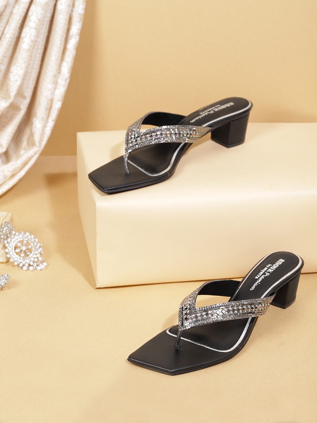 

Anouk Gunmetal-Toned Embellished Block Heels, Metallic
