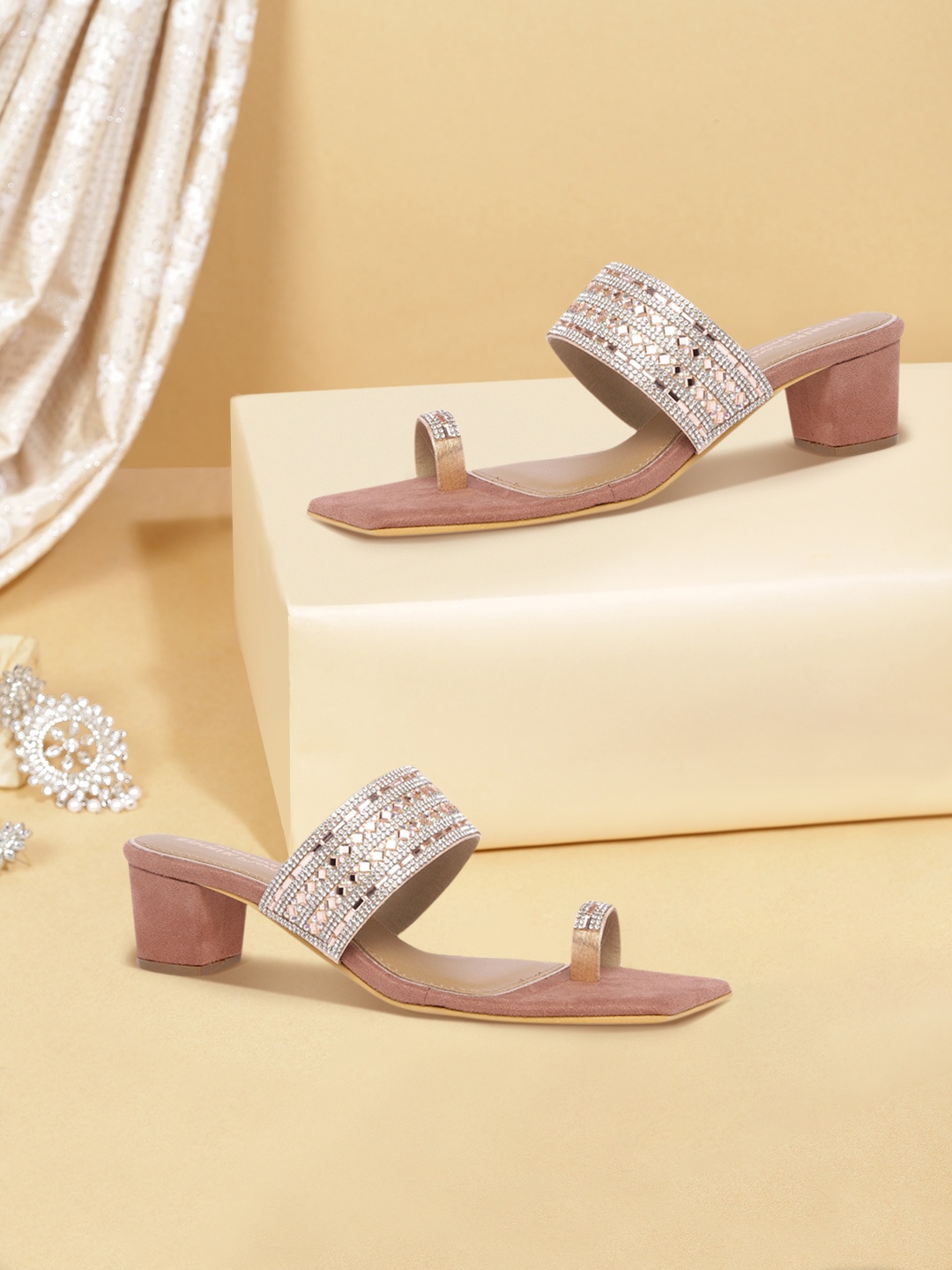 

Anouk Rose Gold-Toned Ethnic Embellished One Toe Block Heels