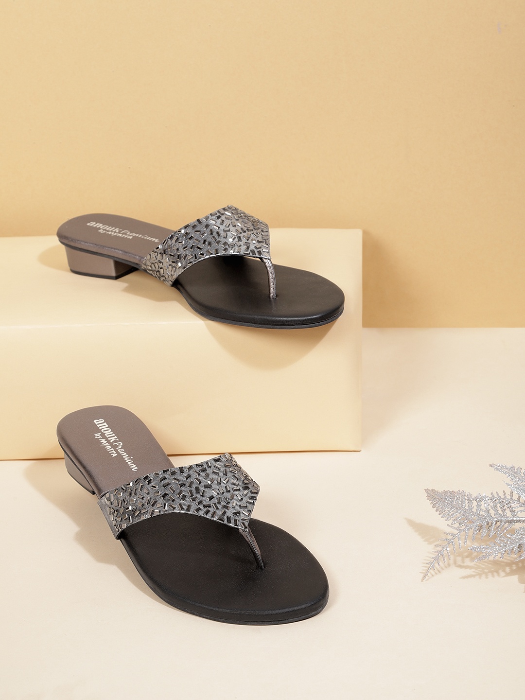 

Anouk Women Gunmetal-Toned Stone Embellished Open Toe Flats, Metallic