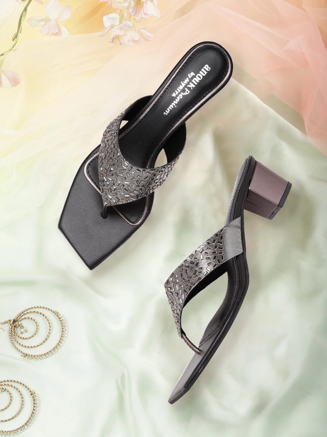 

Anouk Gunmetal-Toned Embellished Block Heels, Metallic