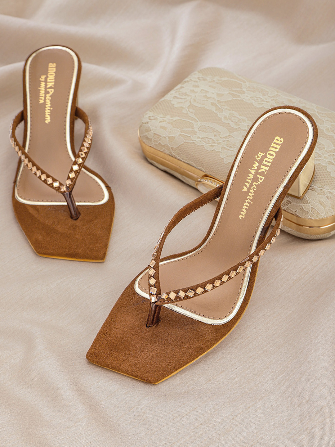 

Anouk Brown Embellished Block Heels