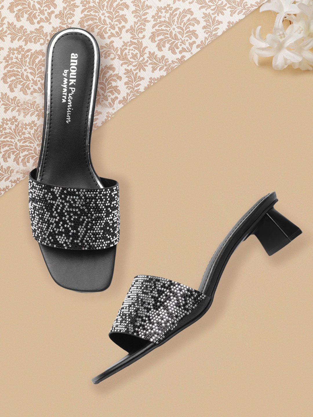 

Anouk Black Embellished Party Block Sandals