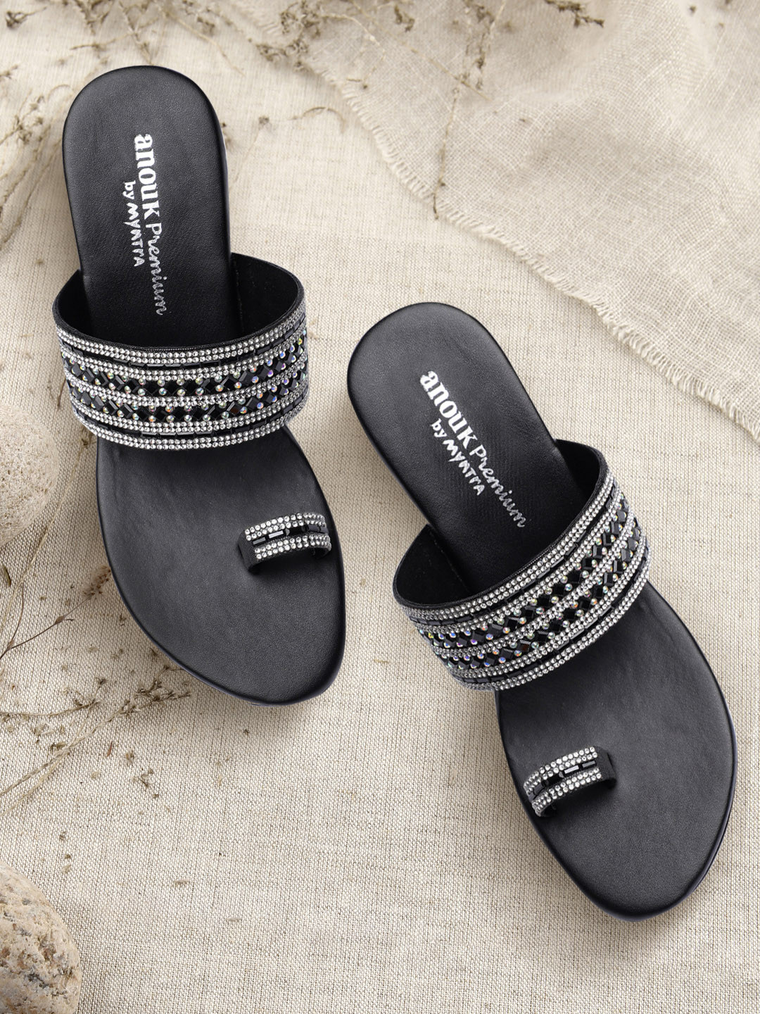 

Anouk Black & Silver-Toned Embellished Party Wedge Sandals