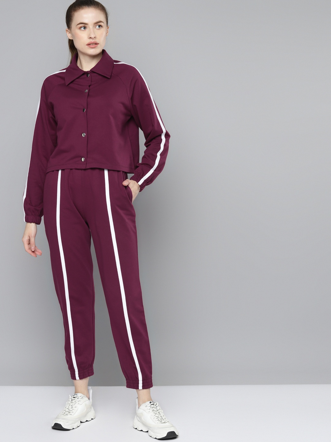 

VividArtsy Women Maroon Solid Shirt & Joggers Cotton Co-ord Set