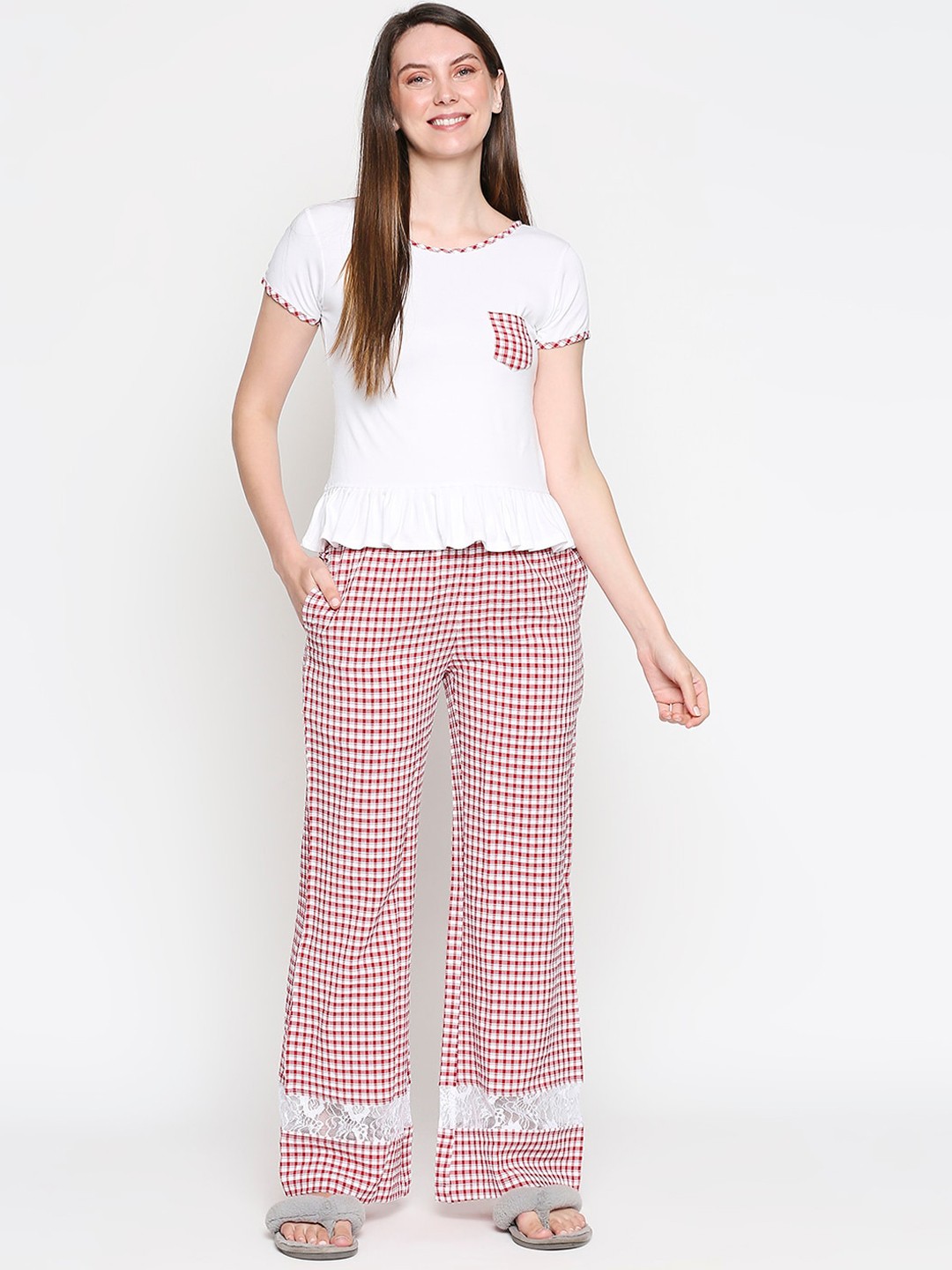 

inocenCia Women Red & White Checked Night suit