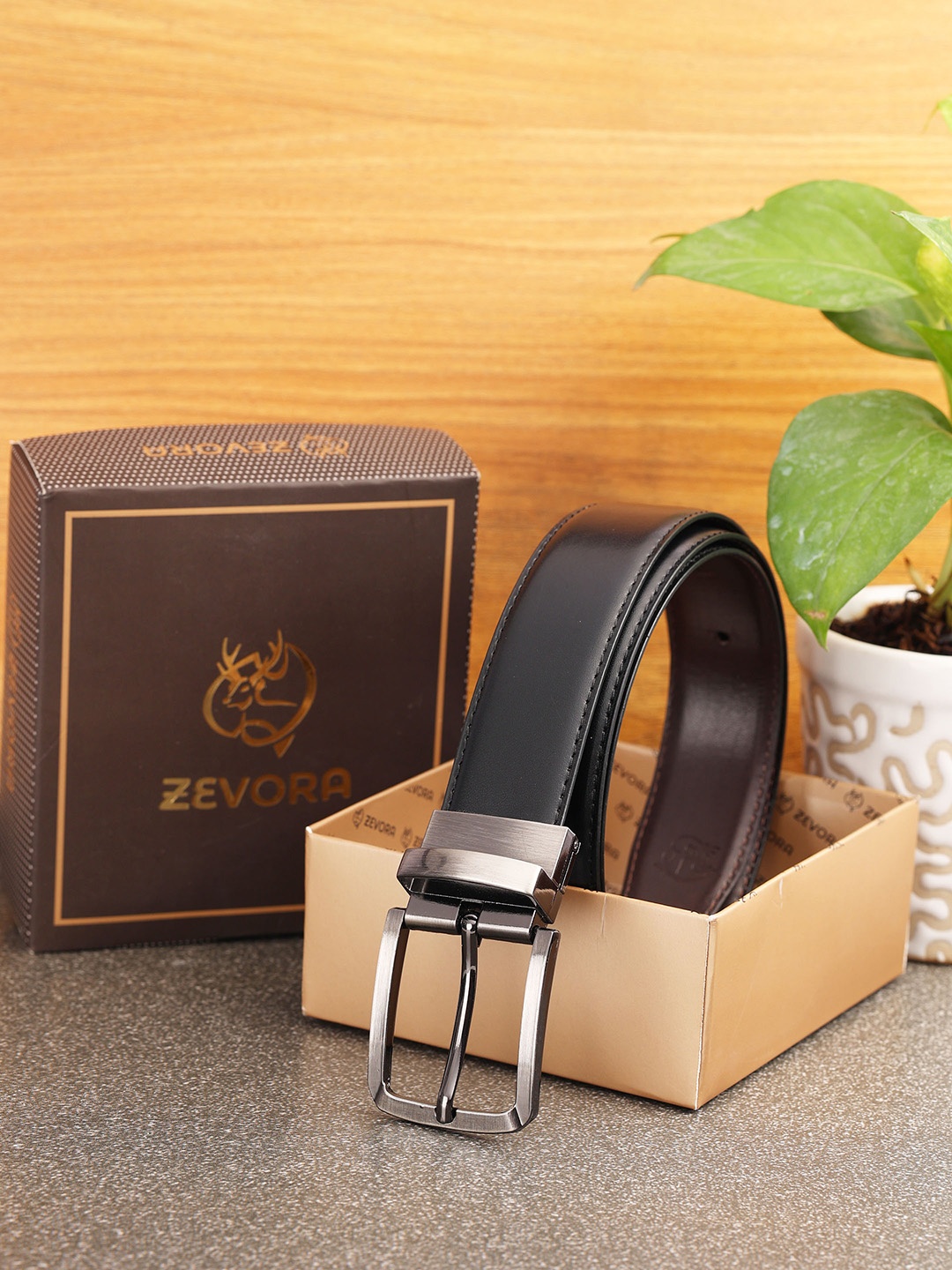 

ZEVORA Men Black and Brown Reversible Textured PU Formal Belt