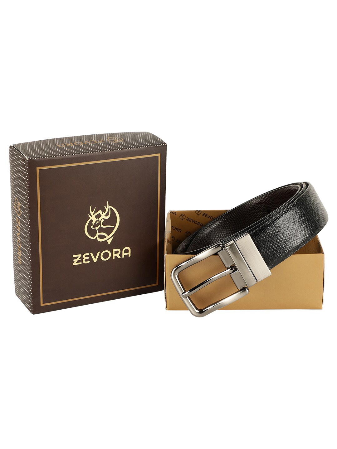 

ZEVORA Men Black Textured Reversible Formal Belt