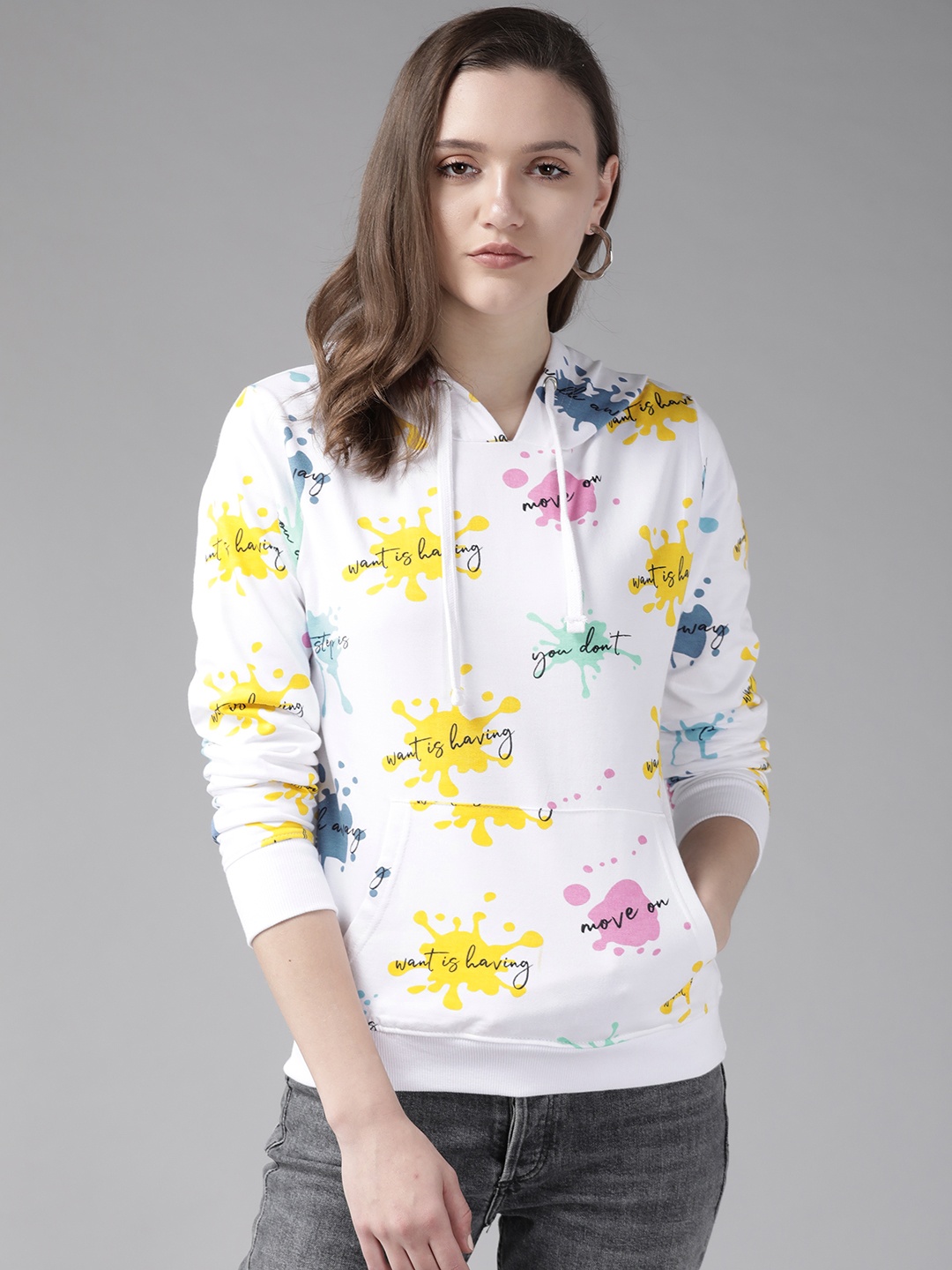 

The Dry State Women White & Yellow Abstract Print Cotton Hooded Sweatshirt