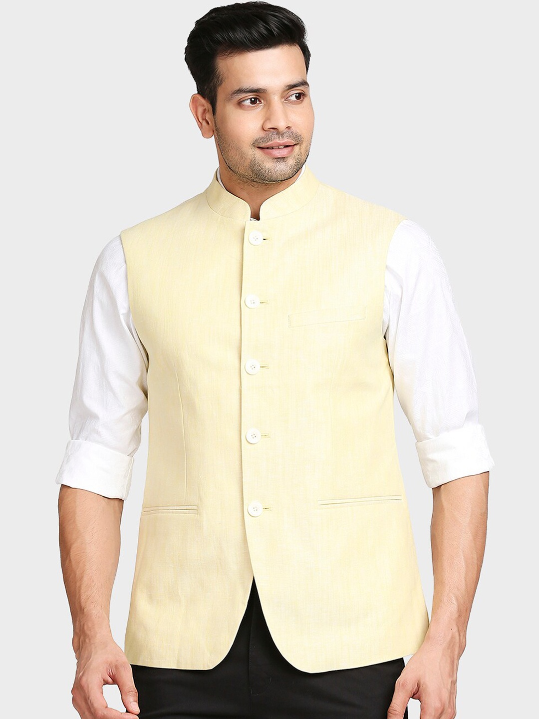 

ColorPlus Men Yellow Colored Solid Bandhgala Nehru Jacket