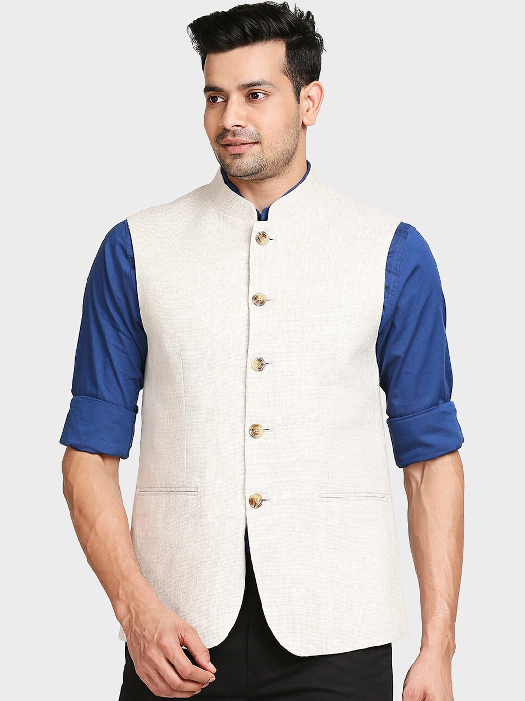 

ColorPlus Men Beige Solid Linen Nehru Jacket