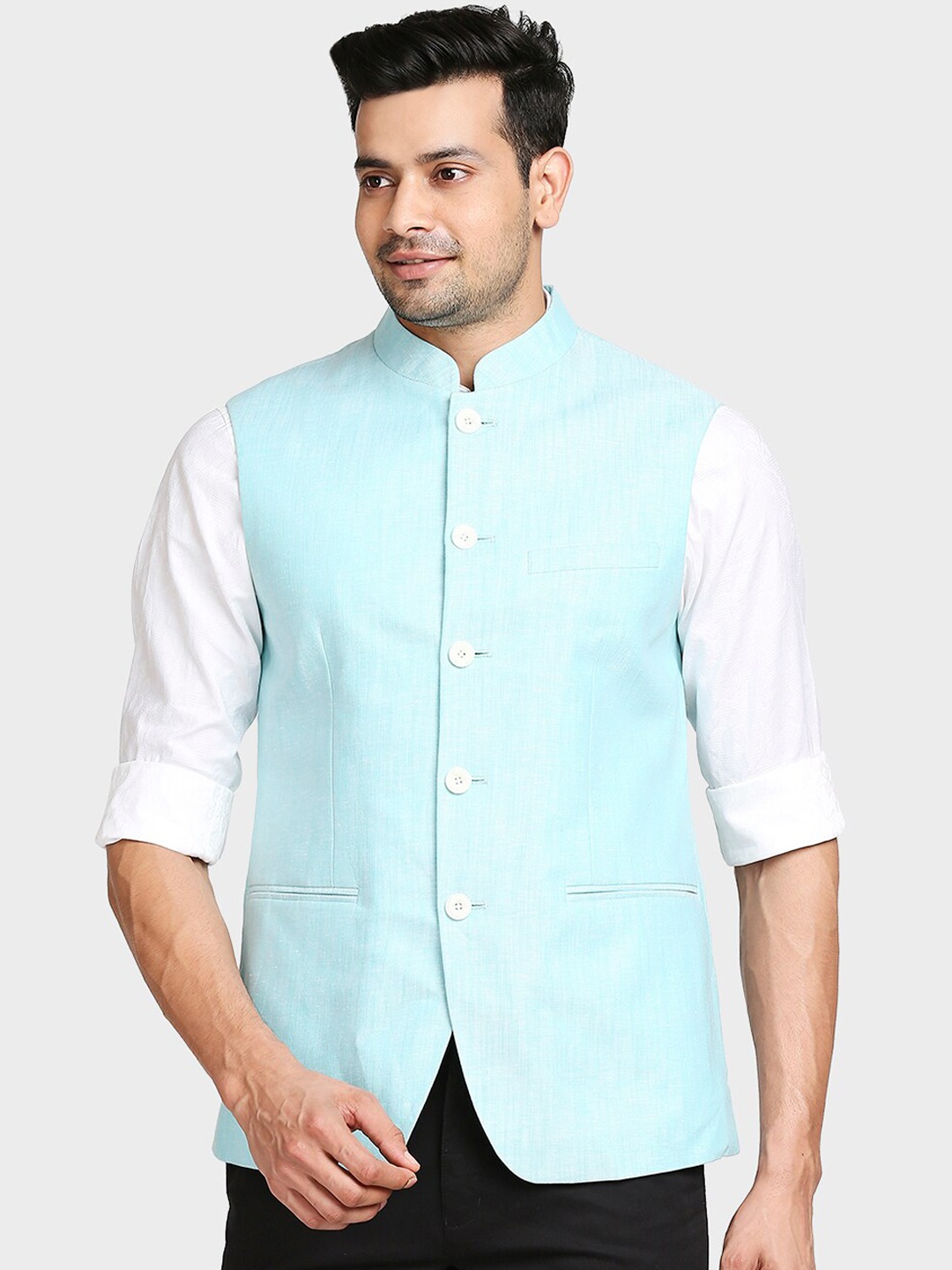 

ColorPlus Men Turquoise Blue Solid Nehru Jacket